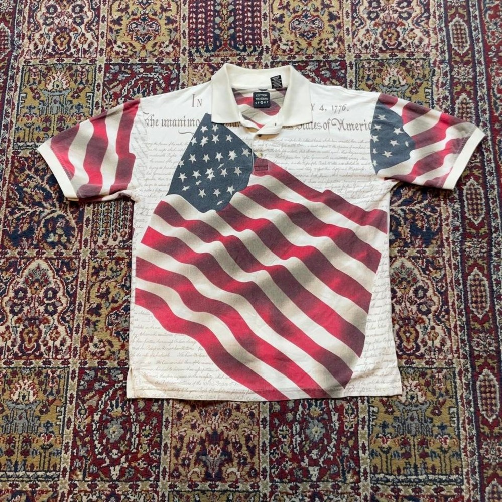 VTG 90s 00s Cotton traders American flag constitution‎ golf polo tshirt M cream